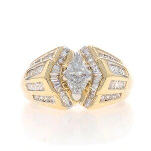Yellow Gold Diamond Ring - 14k Trillion, Round, & Baguette 1.50ctw Engagement